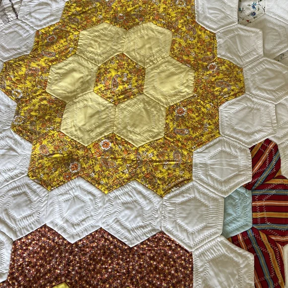 MCM Vintage Colorful Handmade Quilt Octagon Mixed Material 60x94 Flower